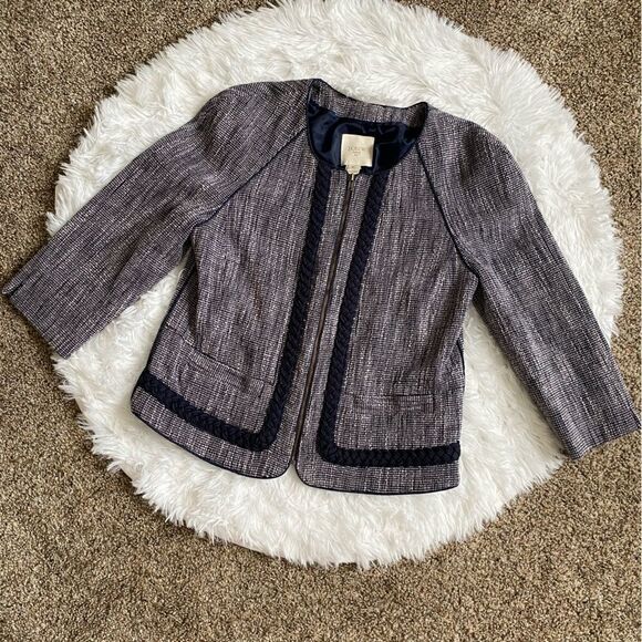 J Crew Suiting Tweed Braided Blazer Suit Jacket Blue Zip Career Women’s Size 6 - Picture 1 of 14